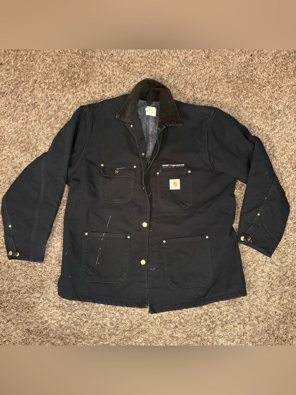 Carhartt Black Canvas Work Jacket with Brown Corduroy Collar
